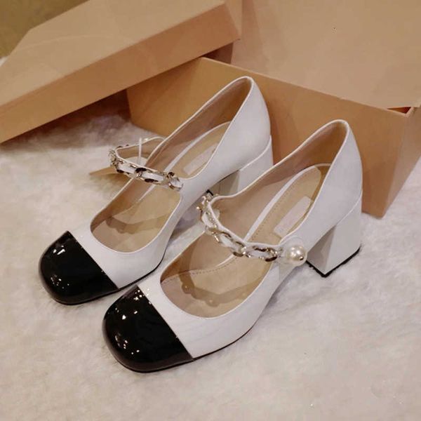 

high version white leather everyday square head miu family hepburn low solid color mary jane high heeled shoes, Black