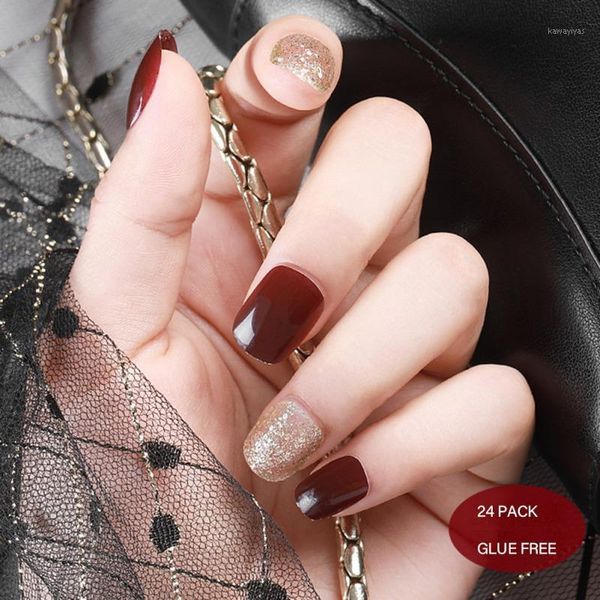 

24pcs/set fake nails european rainbow ballerina full nail art tips artificial detachable false nails1, Red;gold