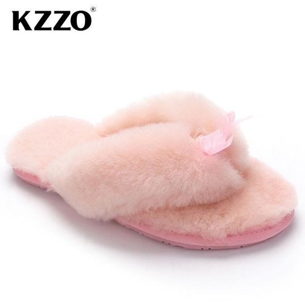 

slippers kzzo real sheep fur lined women winter 100% natural sheepskin flip flops indoor 2021 wool warm home shoes, Black