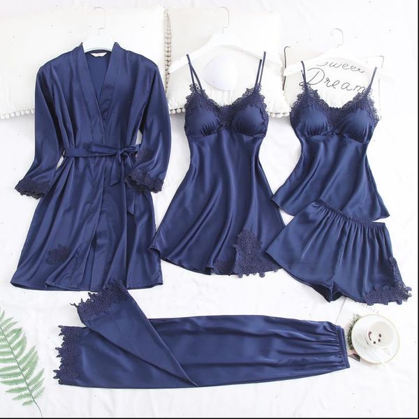 

navy blue pajamas lace womens sleepwears trimmed nightwear satin with shorts 5 piece sleepwear suits casual home clothes, Black;red