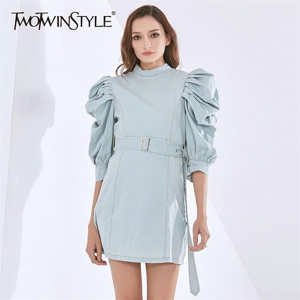 Vestido Azul Mulheres Turtleneck Puff Meia Manga Alta Cintura Lace Up Brownot Midi Vestidos Feminino Verão Roupas 210520