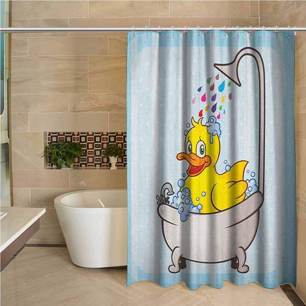

duck polyester shower curtain cartoon character taking a bath colorful drops blue backdrop with dots kids nursery polyester