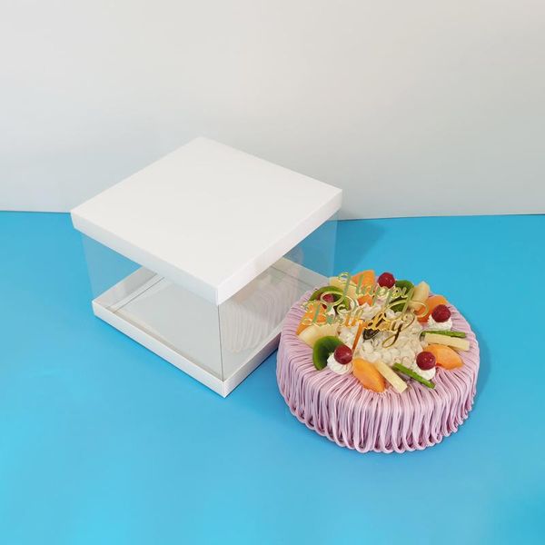 

gift wrap 5 sets 22*22*16cm white 8 inch clear plastic square cake box with ribbon board included