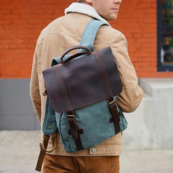 

backpack vintage canvas leather large capacity teenager traveling daypacks 14" lap rucksack lapbackpacks