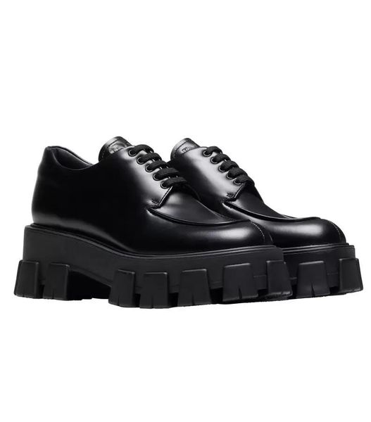 

with box women shoes luxury designer brand dress shoe metal triangle logo monolith brushed leather loafers platform heel pointed and round 3, Black