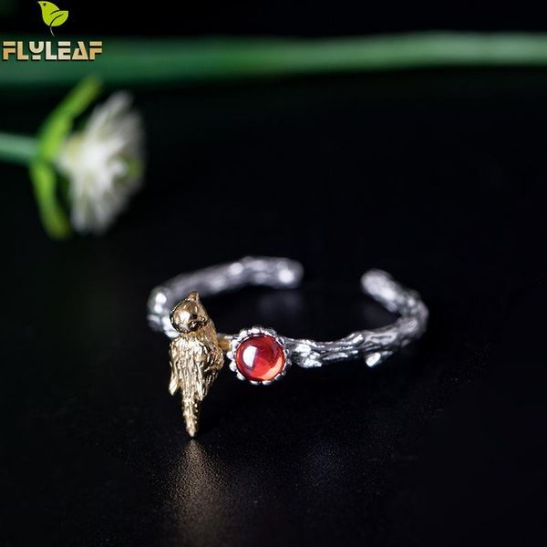 

cluster rings flyleaf 100% 925 sterling silver garnet branch bird natural open for women chinese style lady vintage jewelry, Golden;silver