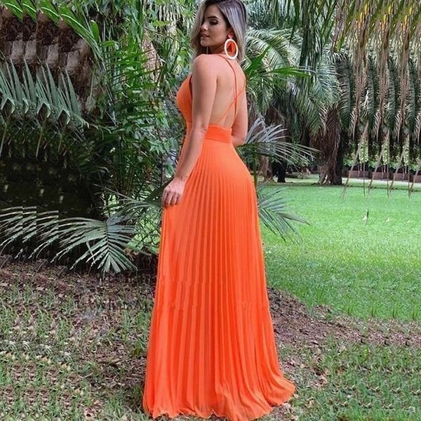 

orange deep v-neck evening dresses long a line spaghetti strap 2021 chiffon prom dress criss cross backless robe de soiree, White;pink