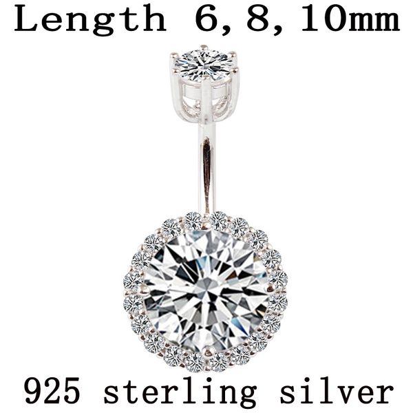 Anello ombelico vero 925 sterling piercing fine gioielleria zircone rotondo non allergico lunghezza perno 6 8 10 mm argento 925