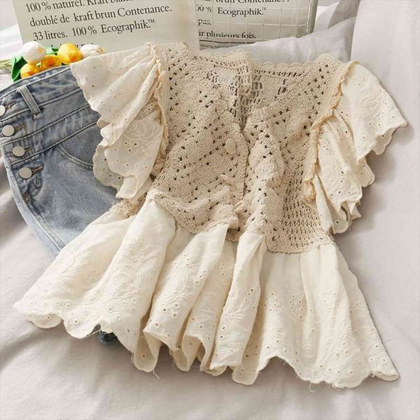 

sweet crocheted v neck hollow women sweaters lace shirt summer girl loose thin short sleeved top, White;black
