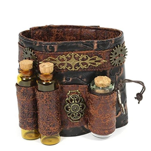 

cat costumes halloween medieval cosplay costume brown pu leather vintage bracer steampunk accessories industrial mechanical cuff with vials