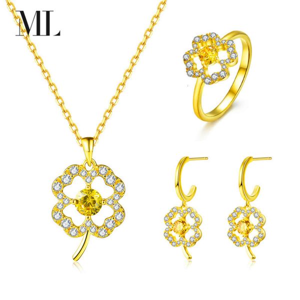 

925 silver korean version clover ring earrings necklace jewelry three piece set, Black