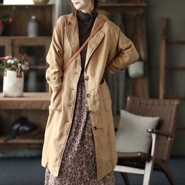 

women's trench coats johnature women vintage ramie solid color button pockets 2021 autumn chinese style thick warm coat, Tan;black