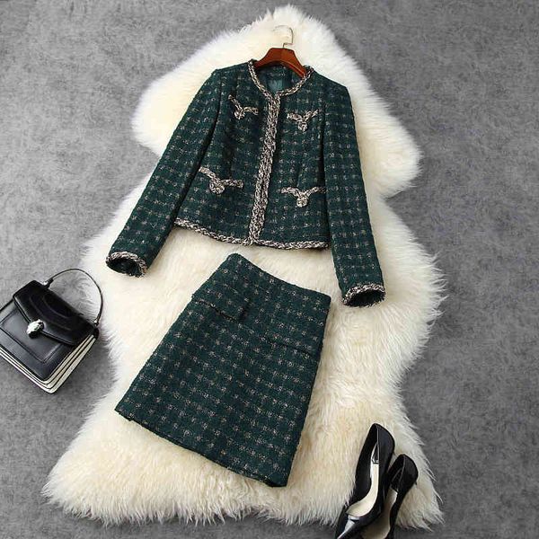 

two piece dress fall winter long sleeve round neck black / green plaid tweed panelled jacket + mini short skirt suits 2 s set mn0911541 hw8n, White