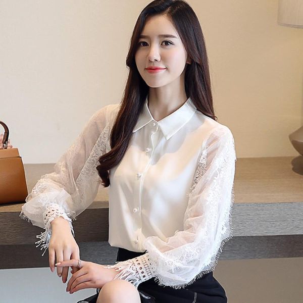 

women's blouses & shirts korean fashion women woman chiffon lace blouse ol shirt plus size womens and elegant top, White