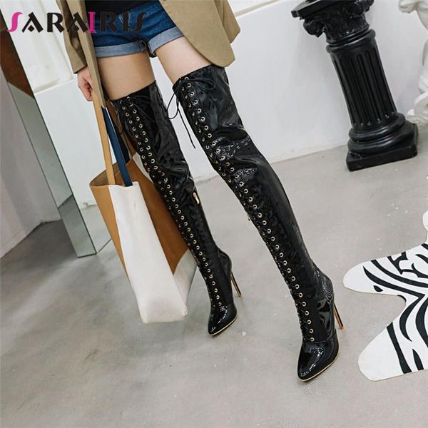 

boots sarairis 33-48 black over the knee women 2021 winter lace-up thigh high patent pu heels shoes woman