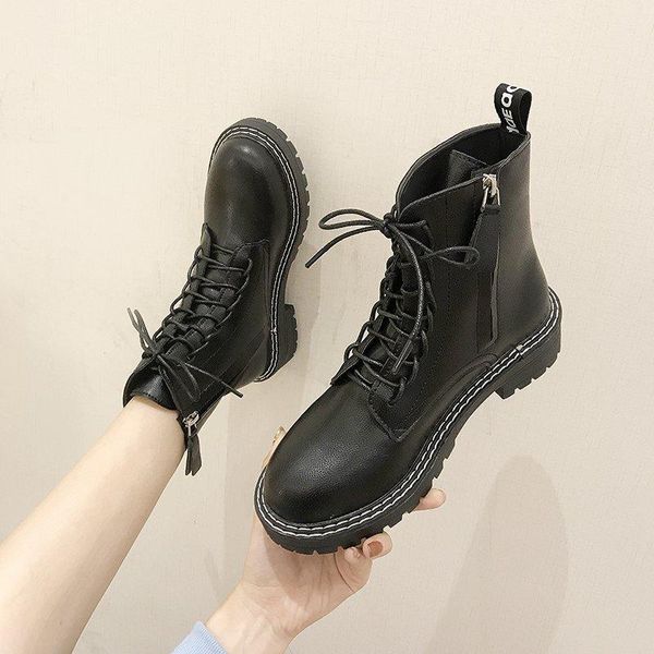 

boots 2021 women lace up platform motorcyle zip booties sewing ankle female zapatillas mujer, Black