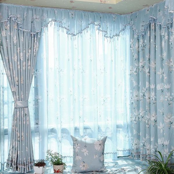 

curtain & drapes simple modern custom living room corner bay window linen small fresh blue yarn finished product