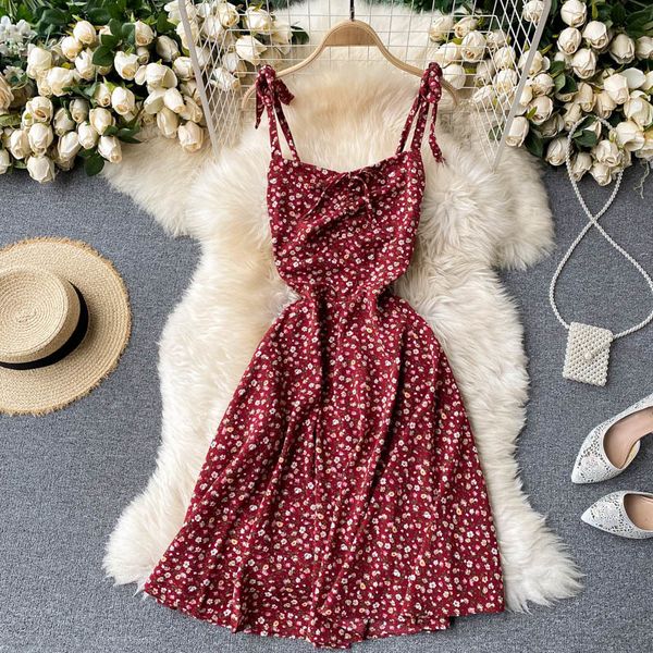 

singreiny women drawstring strap dress summer square collar floarl print a line dresses korean casual vacation beach dress 210419, Black;gray