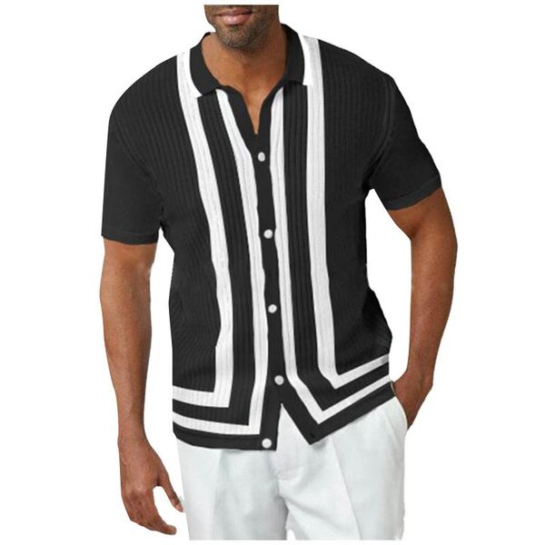 

men's casual shirts fashion knitted shirt men color matching short sleeve cardigan for male clothing summer streetwear button, White;black