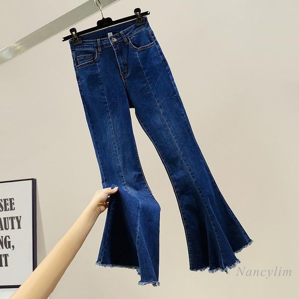 

women's jeans fashion burr flared denim trousers women high waist slimming stretchy korean style all-matching blue pants femme
