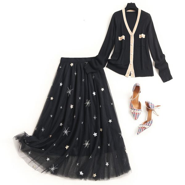 

two piece dress fall long sleeve v neck black contrast color knitted single-breasted cardigans + stars mid-calf skirt 2 s set on2860098 eqku, White