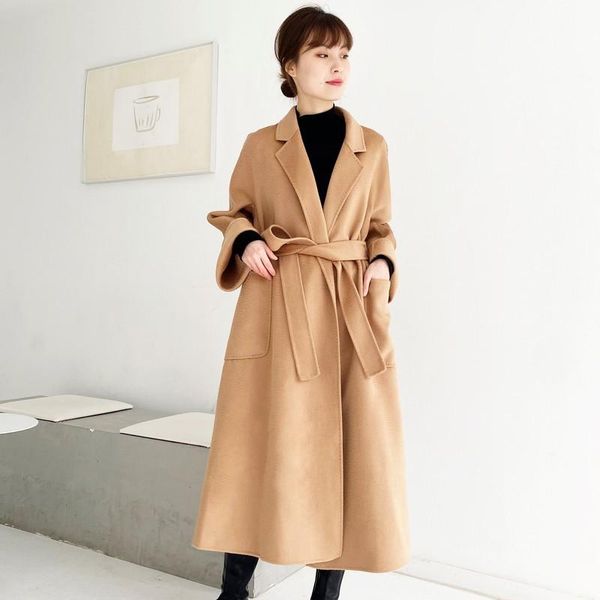 

106-m home water ripple bathrobe long over knee lace up double faced cashmere coat wool cloth lazy wind women's & blends, Black