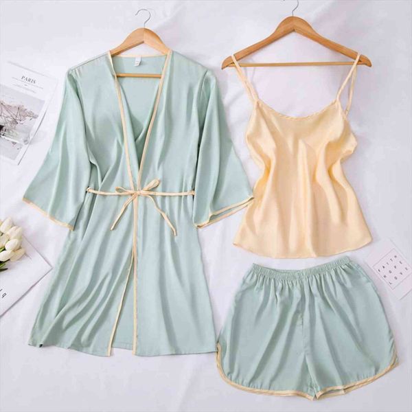 

3 pcs pajamas sets faux women sleepwear silk pyjama stain home clothes robe set summer autumn nightwear, Black;red