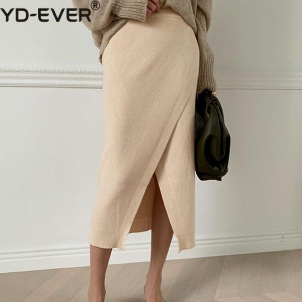 

knitted wrap midi skirt front split high waist sweater womens chic outfits * skirts, Black