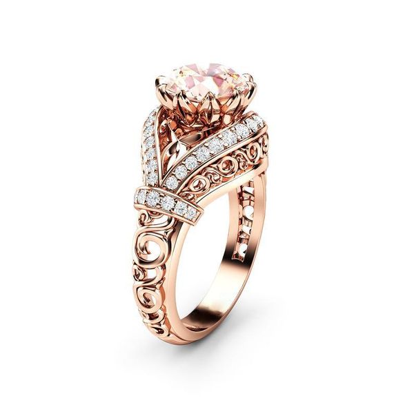 Fedi nuziali Huitan Luxury Champagne Cubic Zircon Stone Fidanzamento per le donne Colore oro rosa Lucky Hollow Pattern Design Femme Ring