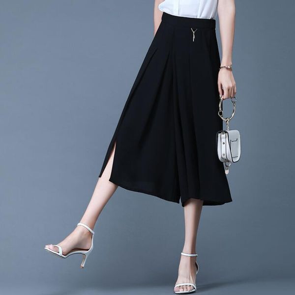 

women's pants & capris ysbell summer women fashion high elastic waist wide leg lady calf-length chiffon -4xl, Black;white