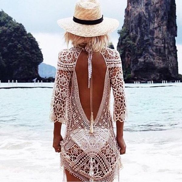 

women's swimwear european and american hollow-out bare back lace crochet sun protection clothing swimsuit blouse beachwear, White;black