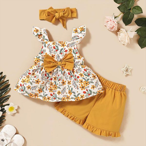 

summer toddler baby girls clothes set sleeveless floral print suspender ruffles bowknot shorts outfits for 6months 3 years, White