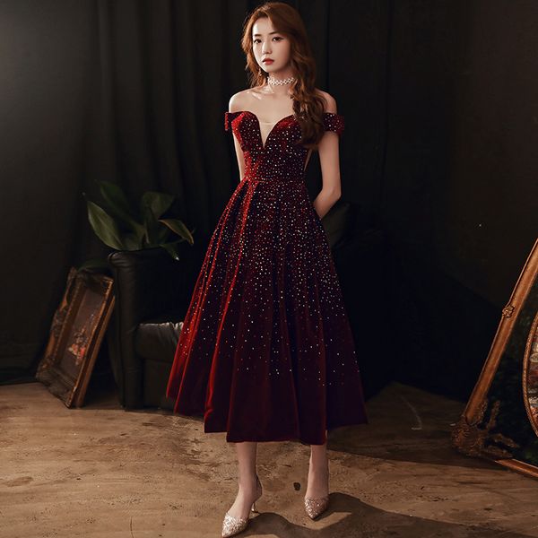 

off the shoulder velvet prom dress lace-up back party dresses with beads, Black