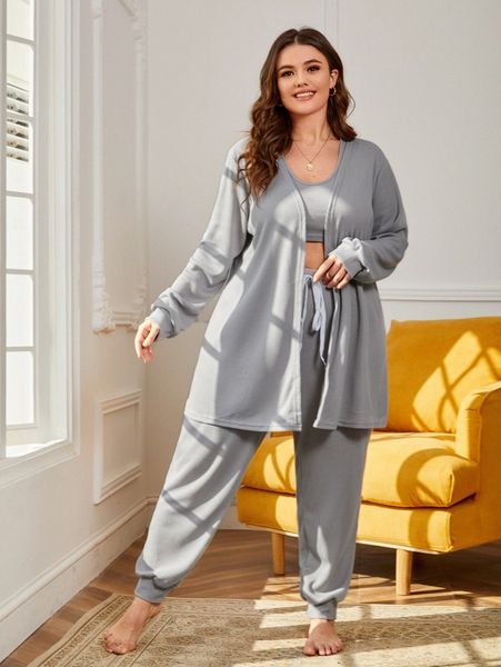 

plus open front robe & tank & pants pj set n7ui#, Black;white