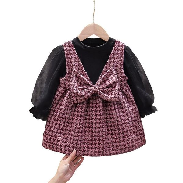 

clothing sets baby girls clothes kids cute mesh puff sleeve solid color blouse + big bow sling dress 2pcs outfit, White