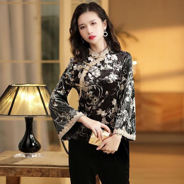 

ethnic clothing chinese style women flower autumn winter velvet cheongsam traditional clothes for girl qipao blouse shirt mt50, Red