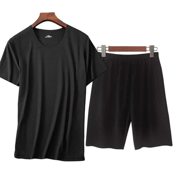 

men's ice thread suit t-shirt shorts knitted home casual pajamas 2-piece fitness and sports quick drying clothes, Gray