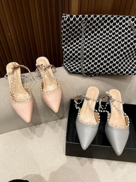 

sandals pure color baotou ladies summer style pointed high heels pearl buckle temperament, Black