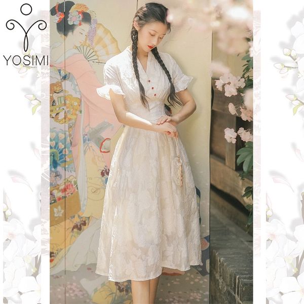 

yosimi beige long women dress elegant summer jacquard v-neck mid-calf a-line empire evening party short sleeve vestido feminino 210604, Black;gray