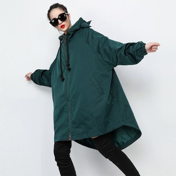 

women's trench coats lanmrem women green big size asymmetrical hooded long sleeve loose fit windbreaker fashion autumn winter 2021 1a81, Tan;black