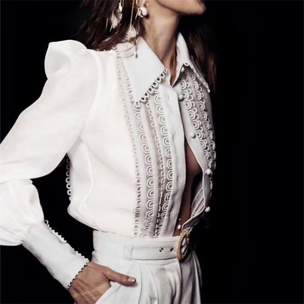 

women white blouse lace trim hollow out shirt blusas high street 210401