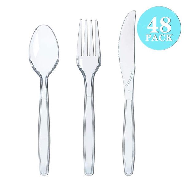 

disposable dinnerware 48/96/144pcs plastic cutlery set crystal clear cutlery-set dinner knife fork spoon birthday party household supplies