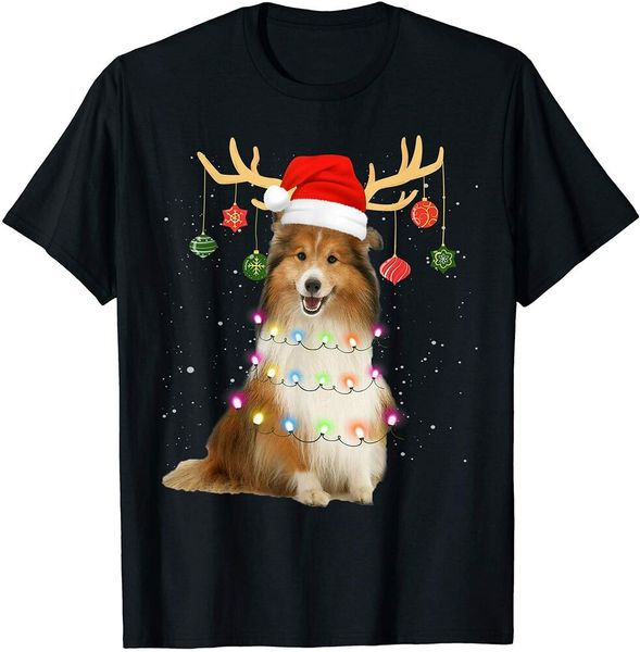

reindeer sheltie dog santa hat christmas light xmas sheltie t-shirt size s-5xl, White;black