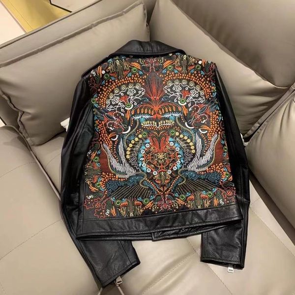 

women's leather & faux autumn and spring coat female locomotive model style 2021 arrival real sheepskin jacket women behind the embroid, Black