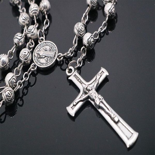 

pendant necklaces 6mm round rose beads catholic rosary necklace alloy cross jesus benedict connector religious, Silver
