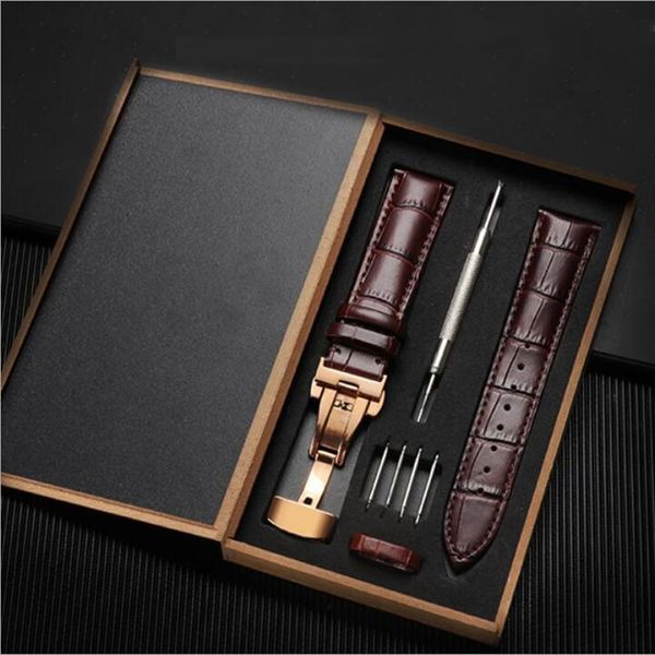 

watch bands leather band 12mm-24mm double press butterfly buckle strap bracelet with repair tool in wooden box, Black;brown