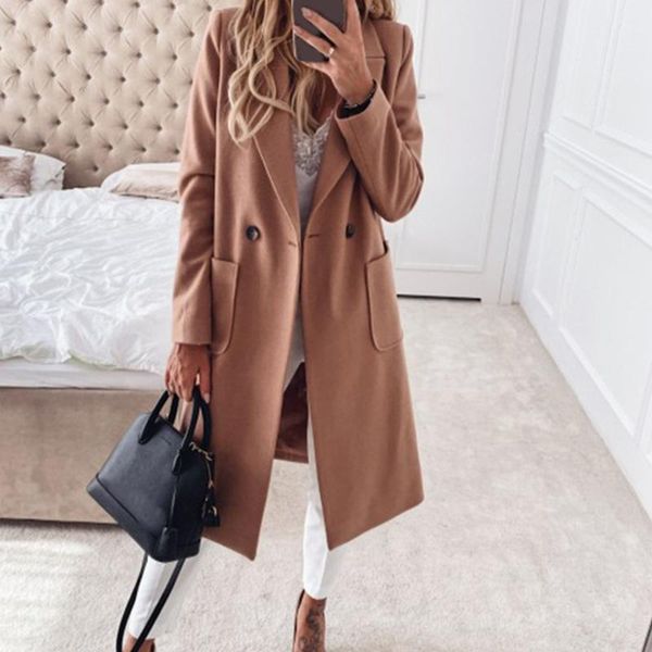 

women's trench coats office lady elegant coat fashion women solid color pocket slim outerwear 2021 lapel blazer commuter long woman clo, Tan;black