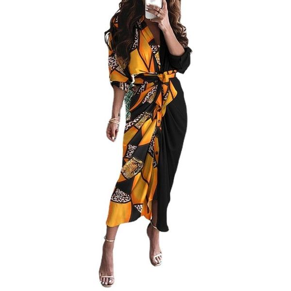 

casual dresses women dress 2021 autumn long sleeve v-neck button print fashion maxi vestido femininio, Black;gray