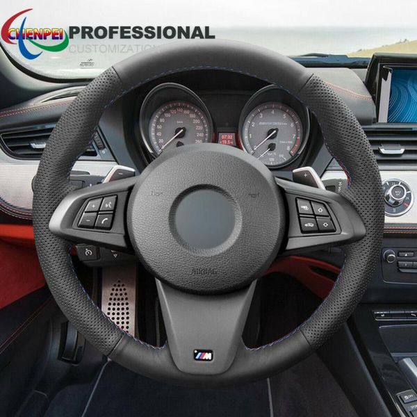 

steering wheel covers diy hand-sewn non-slip black leather cover for z4 e89 2009-2021 car interior accessories