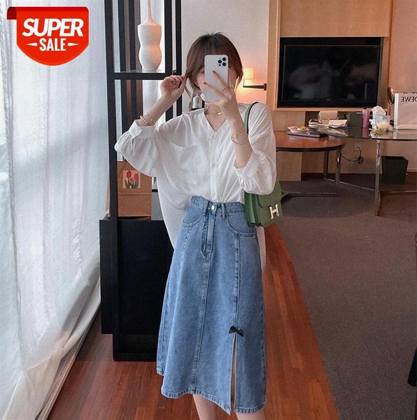 

guo custom slit skirt women high waist denim a-line bow small man #vv06, Black;gray